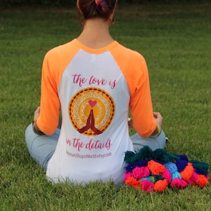 WomanShopsWorld Shirt: The Love is in the Details, Neon Orange Ringer Baseball Tee with logo, Inspiration Positive vibes, Unisex Shirt image 1