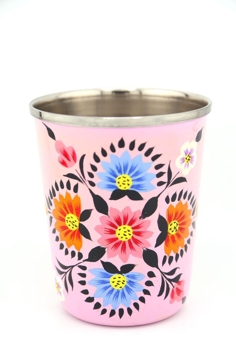 Vaso pequeño de acero inoxidable colorido, pintado a mano, de Cachemira. Regalo de inauguración de la casa, artículos para beber. imagen 11