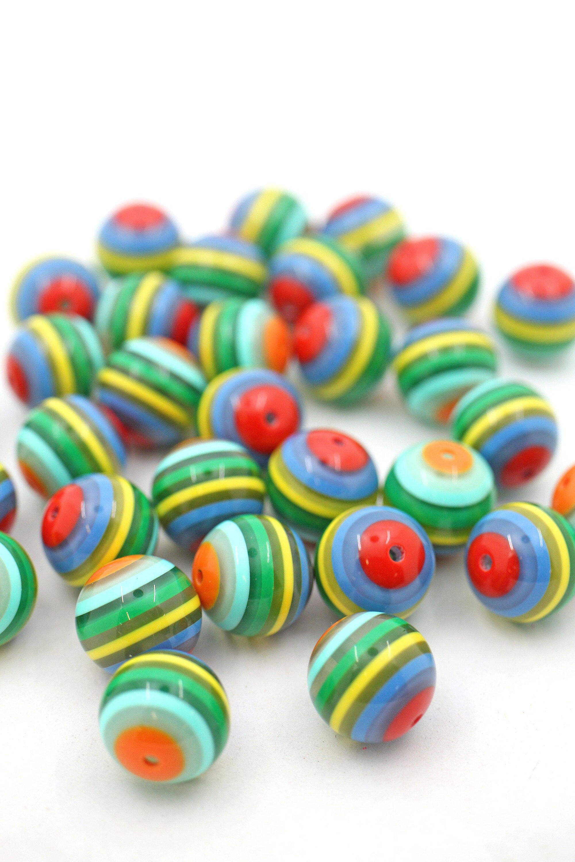 Rainbow Beads - 16mm Colorful Striped Resin Beads, multi color - 18 pc set