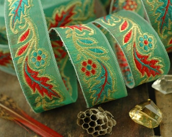 Fresh / Spring Green, Red, Gold Trim, Ribbon, Sari Border / India, 1 1/8" x 1" / Floral, Bright Sewing, Craft Supplies / Mint, Garden