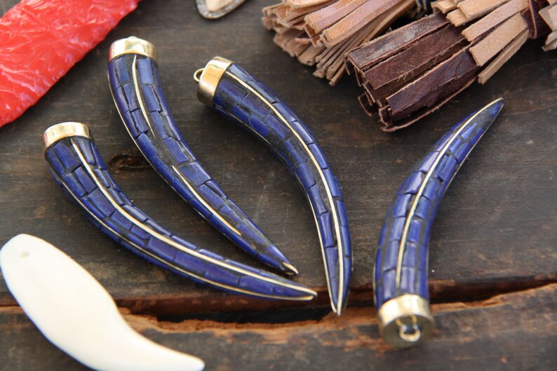 Brass Pendant 1 Tribal Pendant 3.5 x 12 Boho Jewelry Making Supplies Gift Handcrafted Charm Blue Chilli Pepper Tusk Nepali Lapis