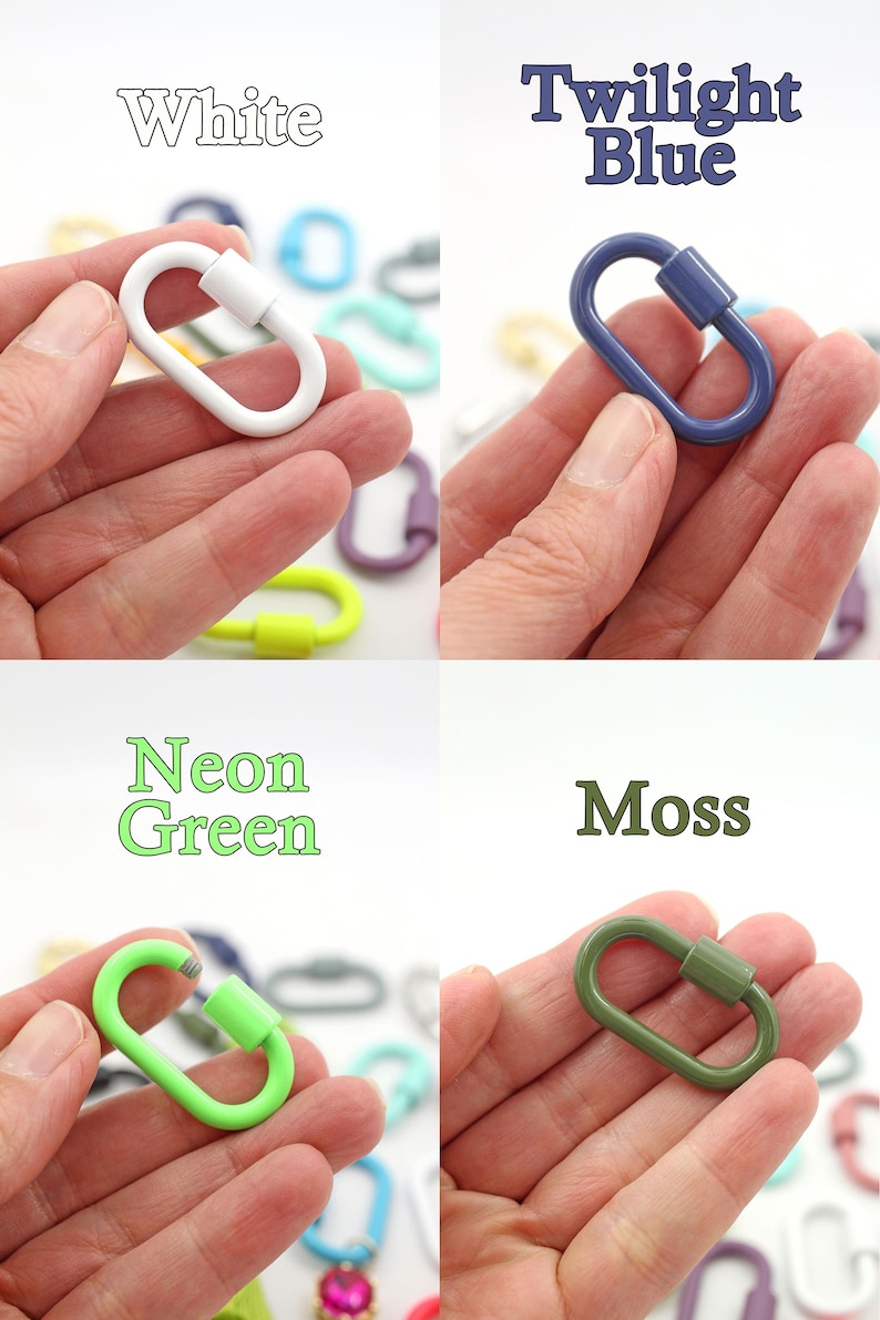 Puede incluir: Cuatro cierres ovalados de metal de diferentes colores con un peque&ntilde;o cilindro en el medio. Los colores son blanco, azul crep&uacute;sculo, verde ne&oacute;n y musgo.