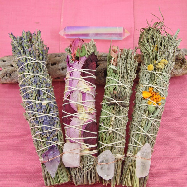 Floral Smudge Stick Wand, Unique Gifts, Meditation Spiritual Gift, Cleansing, Positive Energy, Intentional Living, Blue Sage w/ Crystals