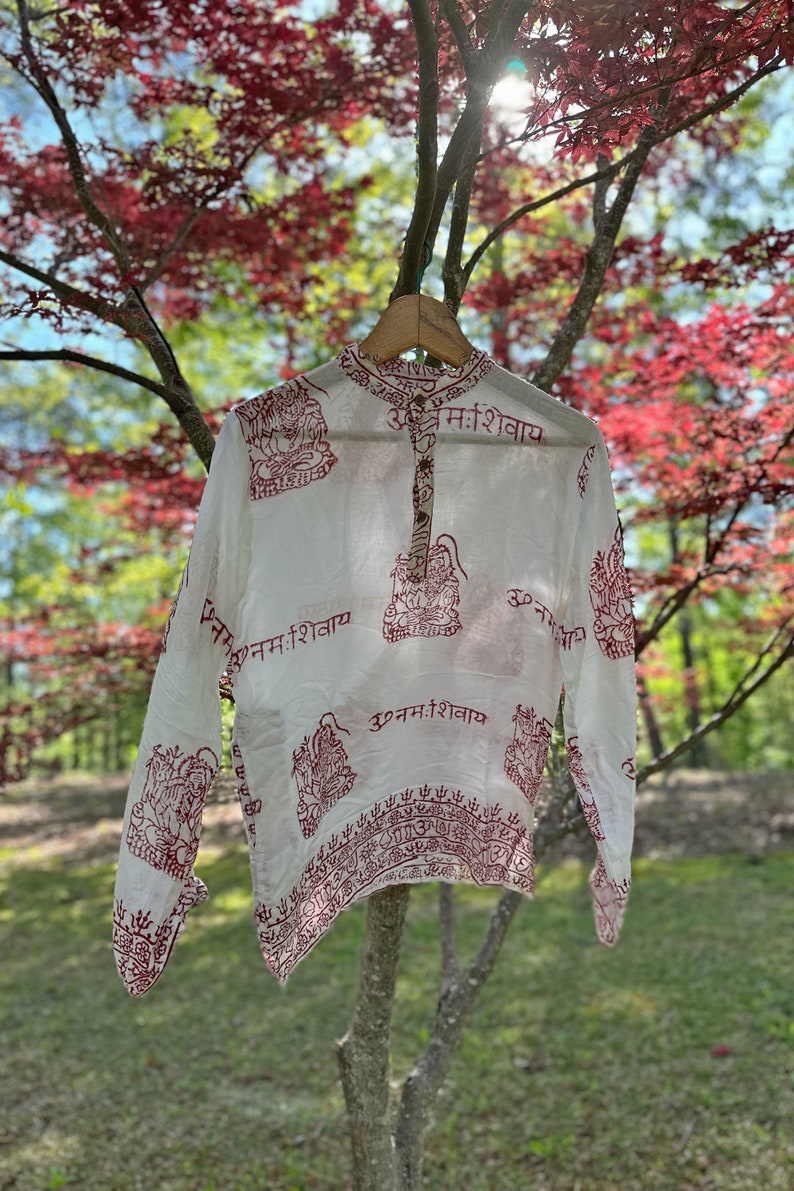 Om Shirt: Handmade Vintage Style Clothing from India, Comfy Boho Style, Unisex Festival Tunic, Unique Hand Block Printed White w/ Red