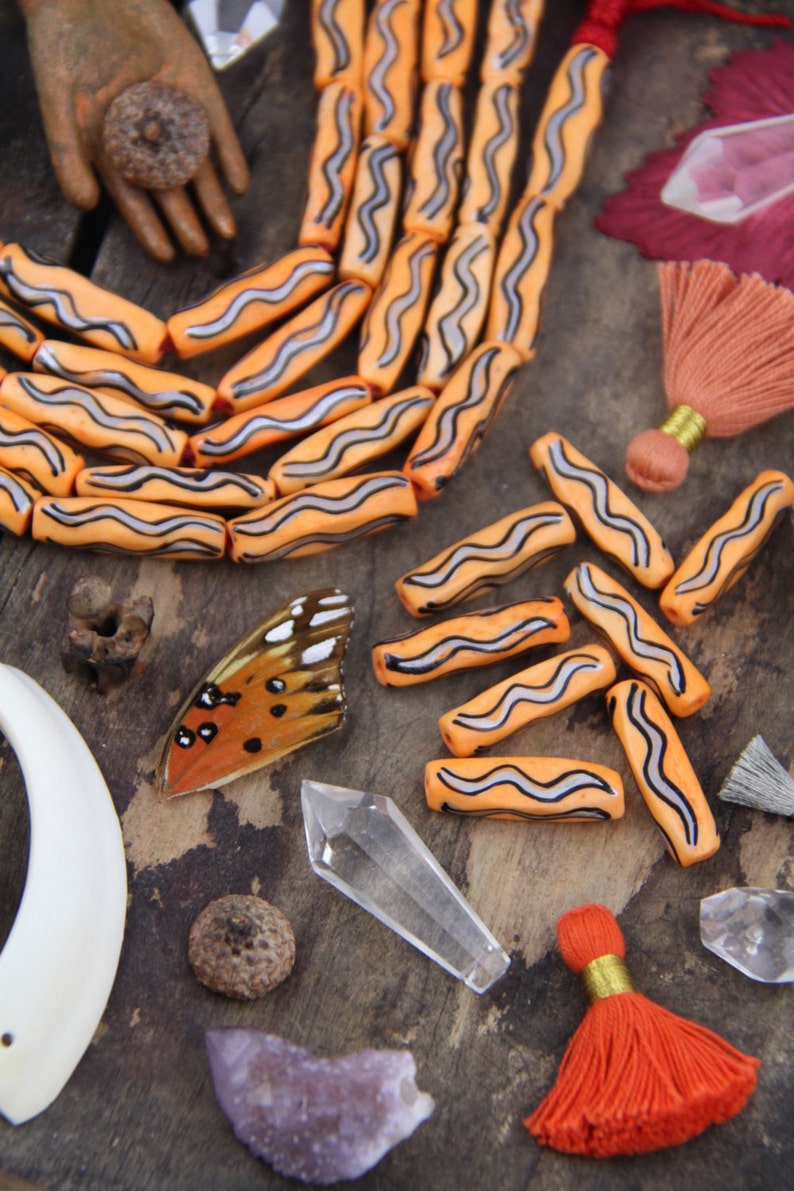 Orange Squiggle Barrel : Large Hole Tube Hand Painted Contoured Bone Beads, 7x27mm, Craft, Boho, Tribal Mala Jewelry Making Supplies, 8 pcs image 1