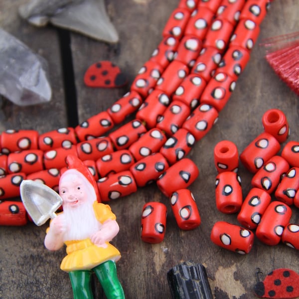 White Dotted Tubes : Hand Painted Red Barrel Boho Bone Beads, 7x13mm, Natural Craft Jewelry Making Supplies, Bohemian, Tribal, 16 pcs