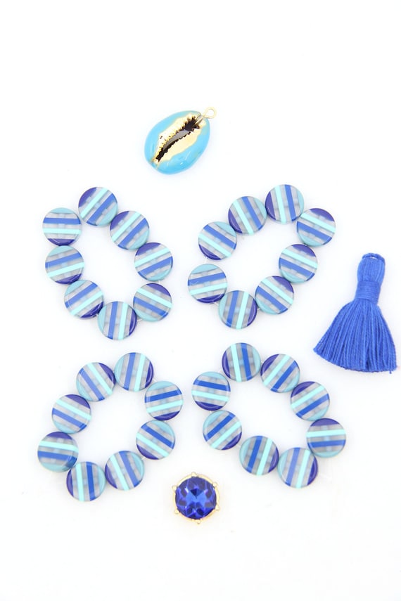 Blue Striped Italian Poly Resin Coin, 12mm, 8 Beads, Macrame, DIY Jewelry Making Supplies, Focal Beads, Round Charms