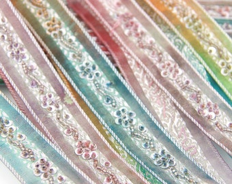 Watercolor Ombre Hand-Beaded, Sequin Embellished Multi-Colored 1" Trim, By the Yard, Sewing Notions, Fabric Border, Multicolor Trim