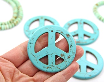 Peace Sign Pendant, Turquoise Magnesite Charm, 2", DIY Crafts, Stay Home Activities, Jewelry Making, Boho Hippie, 54mm, Focal Charm, 1 piece