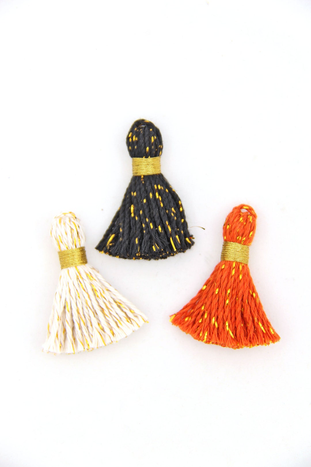 Mini Cotton & Sparkly Tinsel Tassels, GOLD Binding, 1.25 Fringe Pendant,  DIY Jewelry Making, Handmade in India 