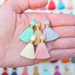 Mini Jewelry Tassels for DIY Crafts, Cotton Earring Charms, GOLD Binding, 1.25, Ethically Sourced, Handmade Tassles for Jewelry, 10 pcs image 3