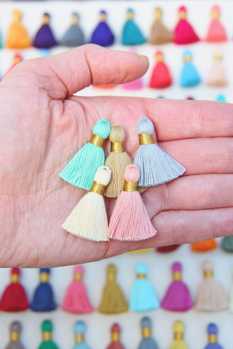 Mini Jewelry Tassels for DIY Crafts, Cotton Earring Charms, GOLD Binding, 1.25, Ethically Sourced, Handmade Tassles for Jewelry, 10 pcs image 3