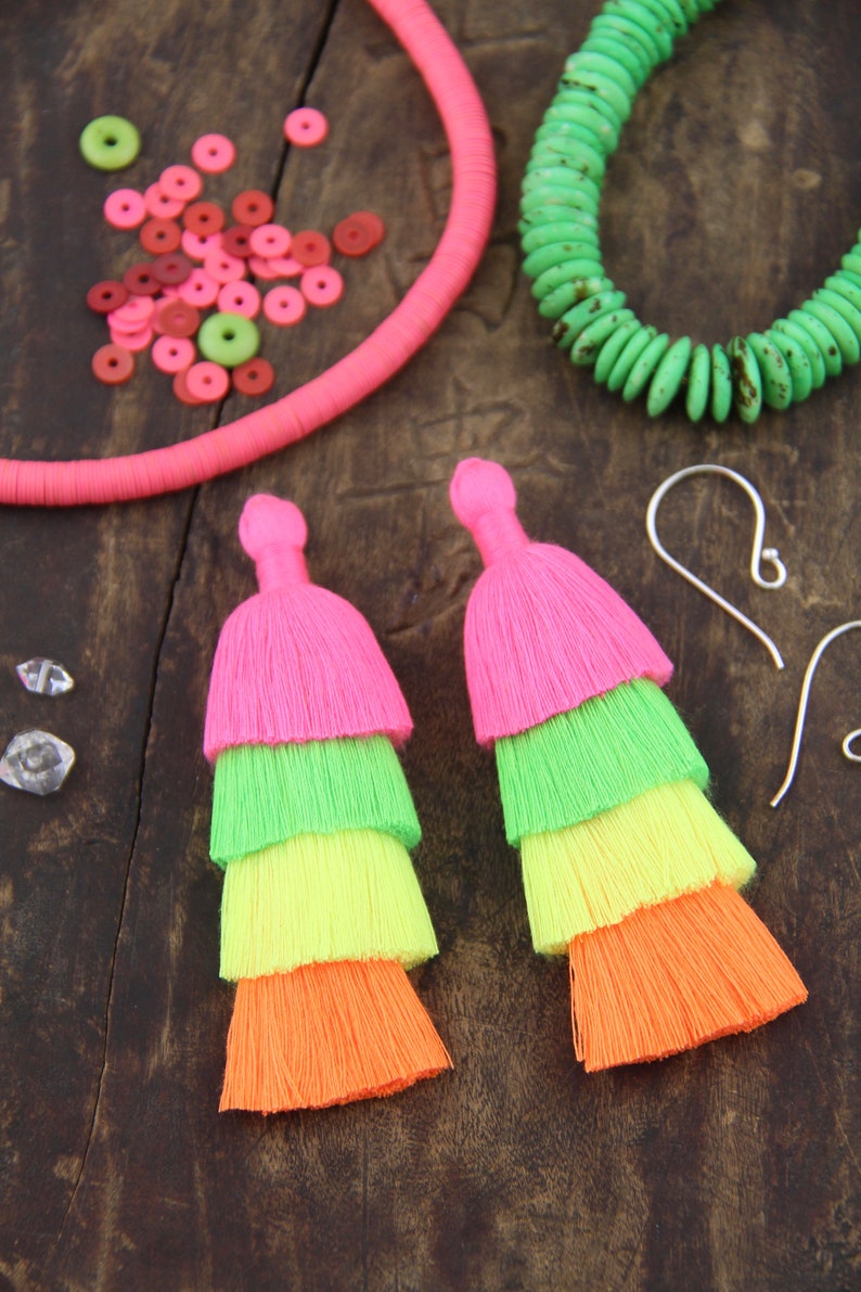 Neon Tiered Tassels, 3 Handmade Cotton Tassel for Earring/Necklace Making, Jewelry DIY, Fluorescent Ombre, Layered Fringe Tassels, 2 pieces image 3