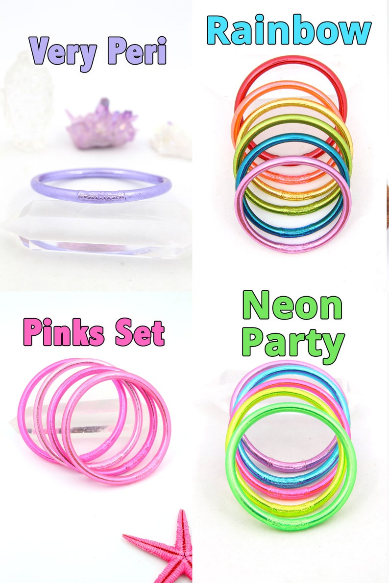 Authentic Buddhist Temple Bracelets in Very Peri, Rainbow, Pinks, and Neon Party.