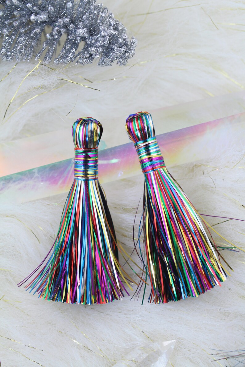 Rainbow Tinsel Tassels, 2.5 Metallic, Jewelry Making Supply, Metallic Tinsel Fringe, DIY Jewelry Making, Tassel Earrings, 2 pcs image 5