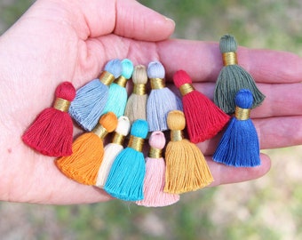 Mini Jewelry Tassels for DIY Crafts, Cotton Earring Charms, GOLD Binding, 1.25", Ethically Sourced, Handmade Tassles for Jewelry, 10+ pcs