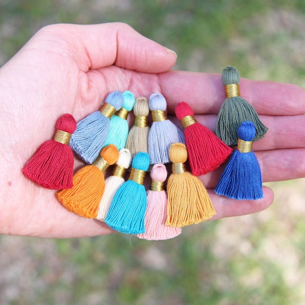 Mini Jewelry Tassels, Fringed Cotton, Gold Binding, Earring Charms, 1.25", Ethically Sourced, Handmade Tassles, DIY Jewelry, Crafts