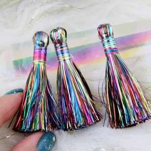 Rainbow Tinsel Tassels, 2.5 Metallic, Jewelry Making Supply, Metallic Tinsel Fringe, DIY Jewelry Making, Tassel Earrings, 2 pcs image 2