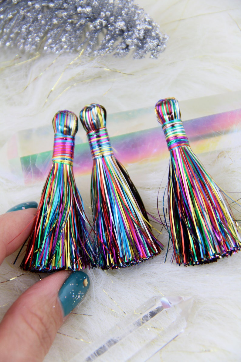 Rainbow Tinsel Tassels, 2.5 Metallic, Jewelry Making Supply, Metallic Tinsel Fringe, DIY Jewelry Making, Tassel Earrings, 2 pcs image 2