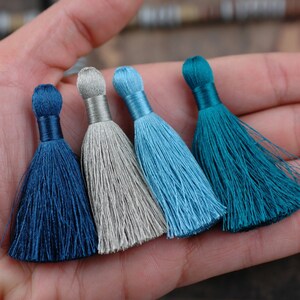 Tranquil Waters : Mixed Color Tassel Pack , 2 Inch Silky Tassels, Teal, Periwinkle, Reflecting Pond, Gray, Jewelry Making Supply, 4 Pieces image 5