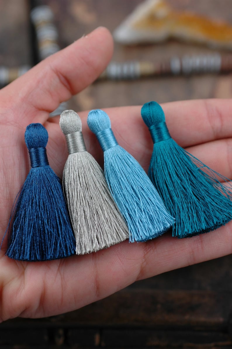 Tranquil Waters : Mixed Color Tassel Pack , 2 Inch Silky Tassels, Teal, Periwinkle, Reflecting Pond, Gray, Jewelry Making Supply, 4 Pieces image 5