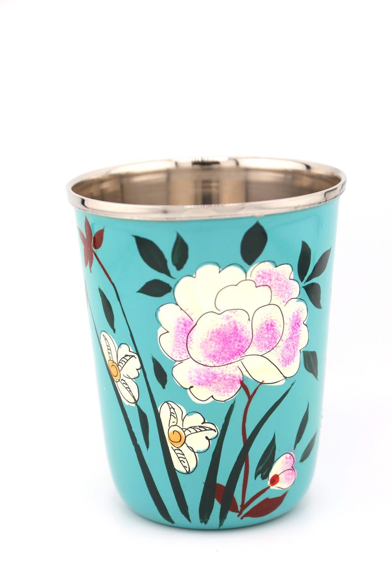 Vaso pequeño de acero inoxidable colorido, pintado a mano, de Cachemira. Regalo de inauguración de la casa, artículos para beber. Sakura