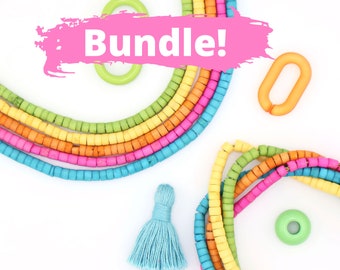 Bead Bundle: Vibrant Pastels Handmade Heishi Bone Beads, 5x3mm, 5 Strands & Colors, 400+ Beads, DIY Jewelry Making, Spacer Beads