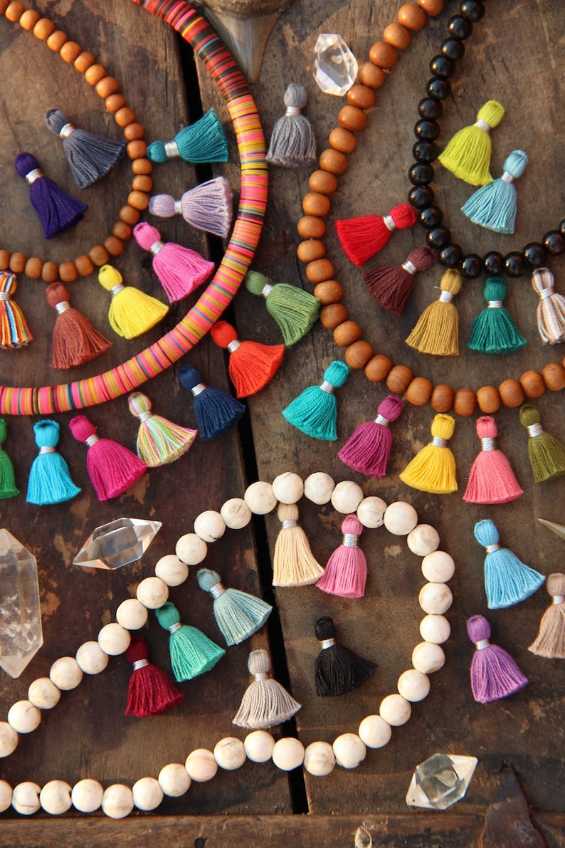 Tiny Jewelry Making Tassels, 2 cm, Silver Binding, Cotton Fringe Charm, Boho Yoga Mala Pendant, DIY Craft Supplies, You Choose 10 pieces image 1