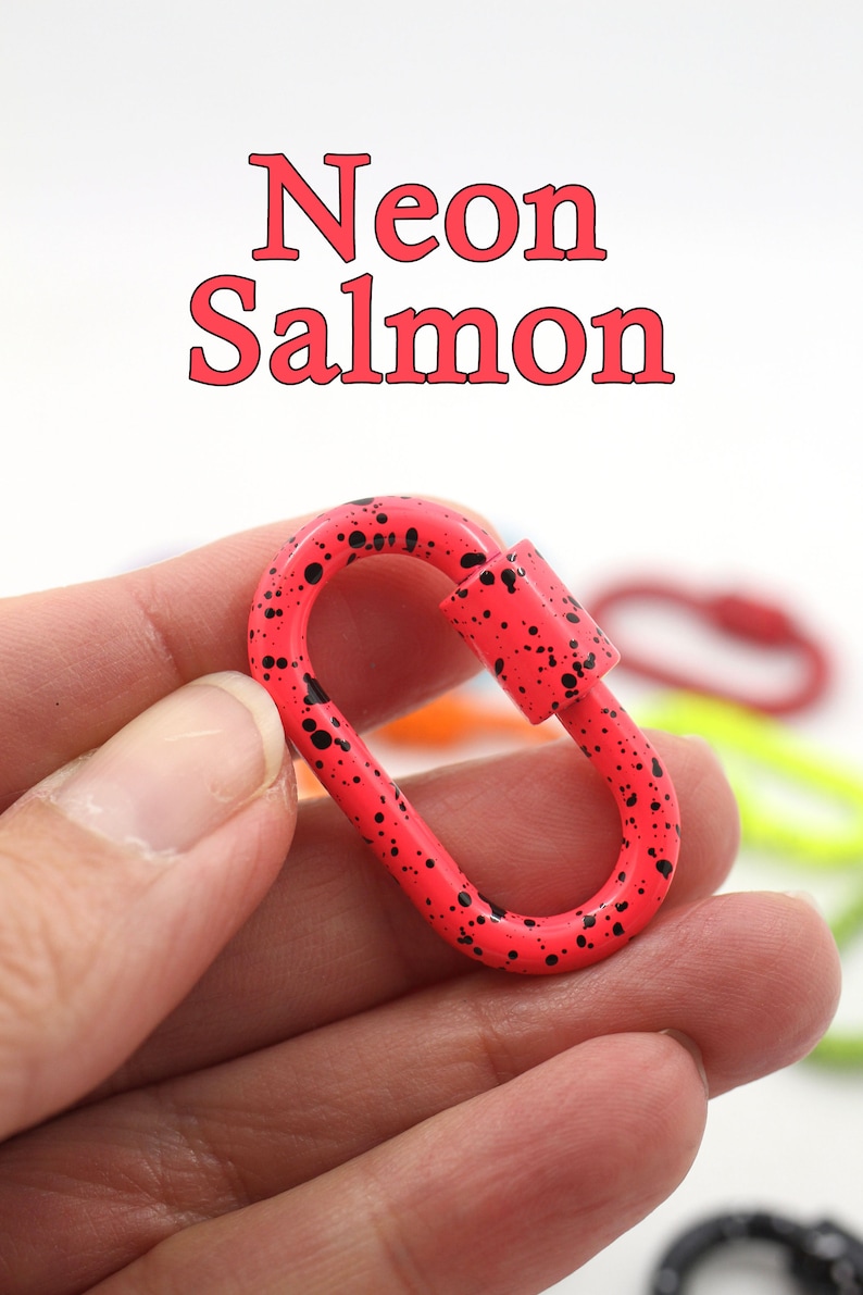 Enamel Carabiner Oval Screw Lock Clasp, Splatter Paint, Bag Charm, 37x22mm, Jewelry Making, DIY Crafts, Keychain Neon Salmon