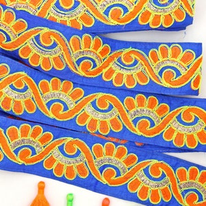 Neon Waves Embroidered Silk Trim, Rich Blue, Orange & Yellow, 2.25" wide, Ribbon by the Yard, Fabric from India, Sew on Embellishment