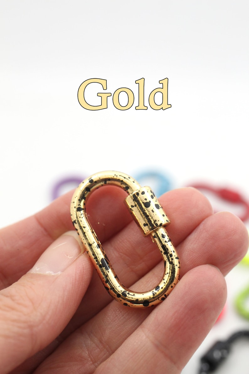 Enamel Carabiner Oval Screw Lock Clasp, Splatter Paint, Bag Charm, 37x22mm, Jewelry Making, DIY Crafts, Keychain Gold