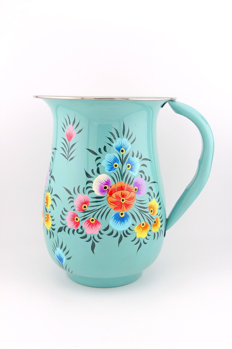 Floral Handpainted Stainless Steel Water Pitcher, Vase, from Kashmir, Serving Ware, Hostess Gift, Coquette Style image 4