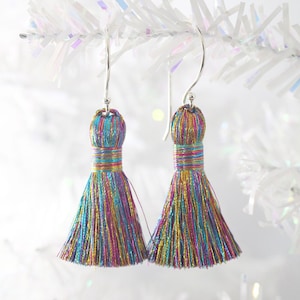 Colorful Metallic Tassel Earrings: Handcrafted Tinsel Fringe, Dangly Earrings, Unique Jewelry, Ready to Wear, Saki Silver Ear Wires