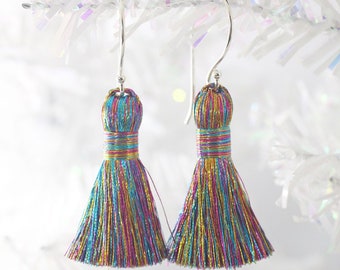Colorful Metallic Tassel Earrings: Handcrafted Jewelry, Gifts for Her, Dangly Earrings, Unique, Tinsel Fringe, Ready to Wear, Saki Silver