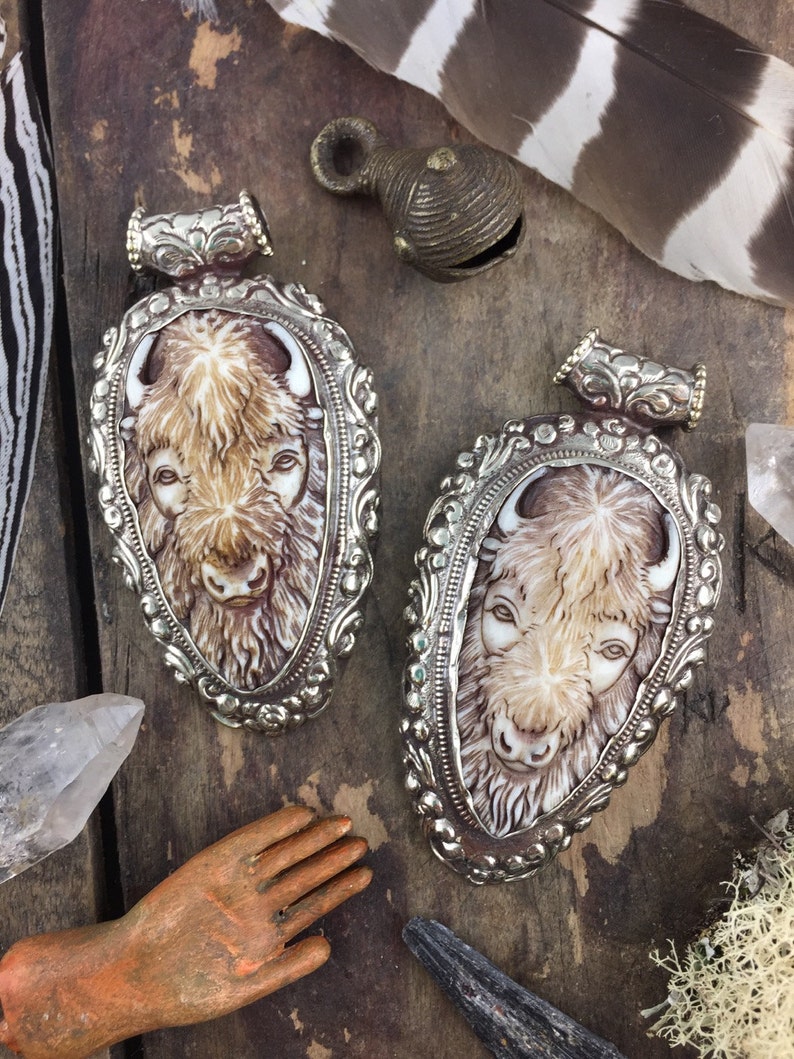 Refief Carved Pendant Fashion Silver Bezel Set 1 pc 3.75 Buffalo in Bone Bohemian Inspired Jewelry Making Western