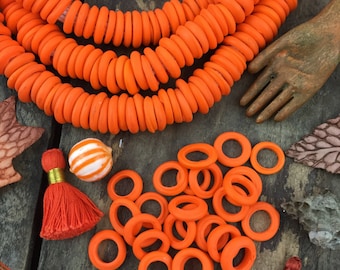 Matte Pumpkin Orange Dutch Donut Dogon Beads, Mali, Africa, Large Hole Glass Beads, Boho Tribal 11-12mm, Mermaid Beachy Jewelry Making, 10pc