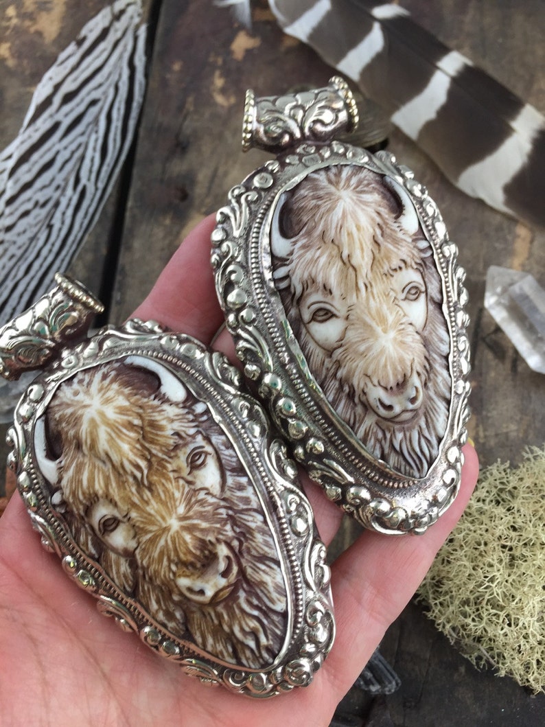 Refief Carved Pendant Fashion Silver Bezel Set 1 pc 3.75 Buffalo in Bone Bohemian Inspired Jewelry Making Western