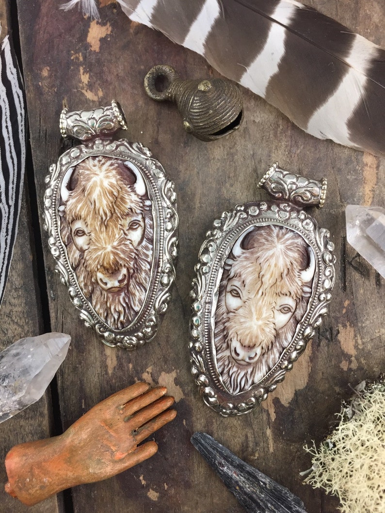 Refief Carved Pendant Fashion Silver Bezel Set 1 pc 3.75 Buffalo in Bone Bohemian Inspired Jewelry Making Western