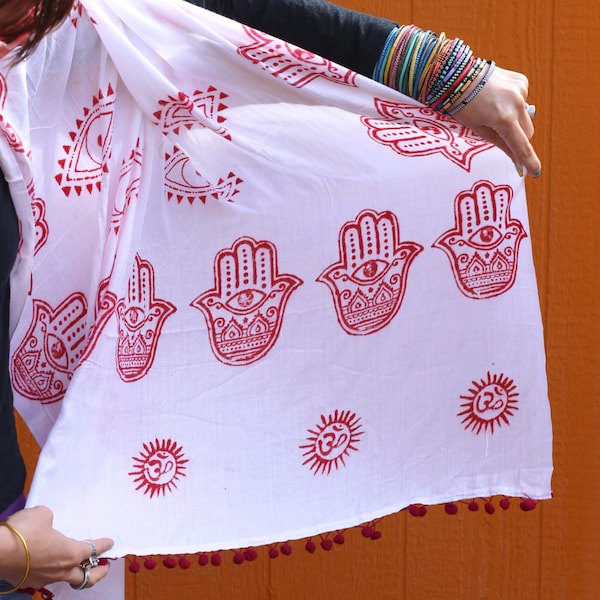 Good JuJu Evil Eye, Hamsa & Om Block Print Scarf : Pom Pom Trim, Red, White, Large Scarf, Yoga, Boho Style, Positive Vibes, Good Luck