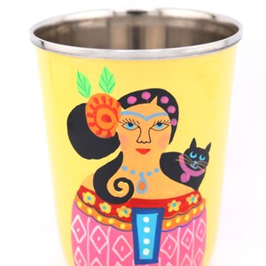 Vaso pequeño de acero inoxidable colorido, pintado a mano, de Cachemira. Regalo de inauguración de la casa, artículos para beber. imagen 8