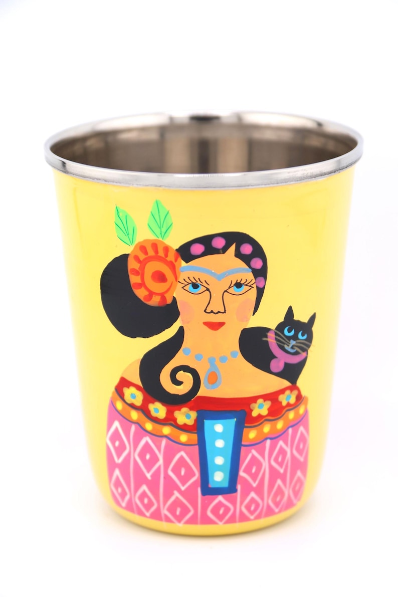 Vaso pequeño de acero inoxidable colorido, pintado a mano, de Cachemira. Regalo de inauguración de la casa, artículos para beber. imagen 8