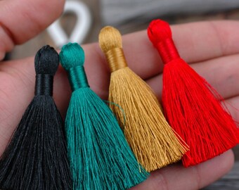 Festive Winter: Mixed Color Tassel Pack, 2" Inch, 4 Silky Tassels, Black, Red, Buff, Green, Silk Fringe, DIY Craft, Keychain, Jewelry Making