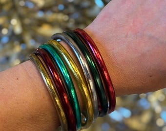 Yuletide Stack: 7 Thai Buddhist Temple Bracelets, Mantra Bangle Set