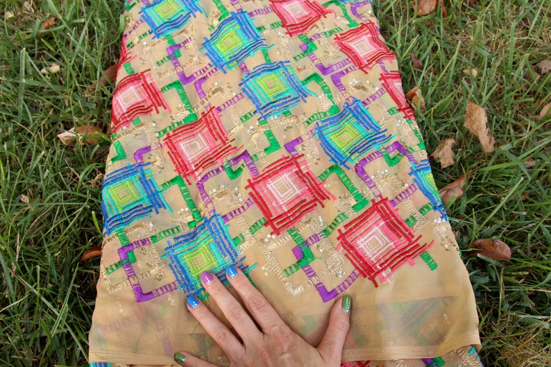 44 x1 yard India Textile Colorful Wall Hanging Sewing Supply Boho Home Decor Decadent Diamonds Embroidered Silk Fabric from Rajasthan