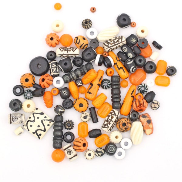 Halloween Bone & Glass Bead Grab Bag, Orange, Black, White, Bead Assortment, Crafts, Spacer Beads, DIY Jewelry Making, Macrame, 95+ beads