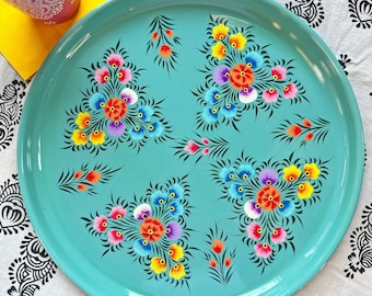 Floral Handpainted Stainless Steel Large Tray, Picnic Folk from Kashmir, 13" Decorative Tray, Bohemian Home Decor