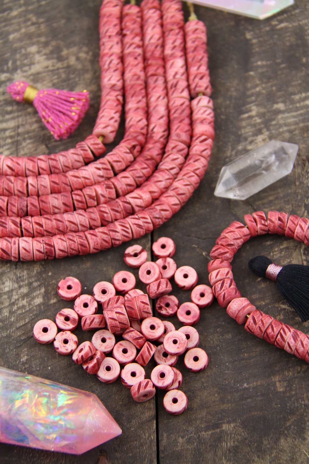 Red Slant: Handmade Carved Bone Beads, Heishi Discs, 10x5mm, Large Hole ...