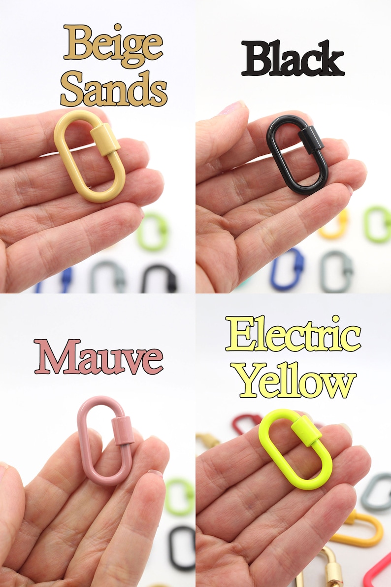 Puede incluir: Cuatro cierres met&aacute;licos de diferentes colores, cada uno sostenido en una mano. Los colores son beige, negro, malva y amarillo el&eacute;ctrico. Los cierres tienen forma ovalada con un peque&ntilde;o cilindro en el medio.