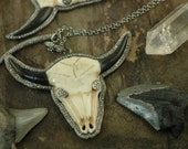 On SALE Wild & Free, Buffalo Skull Carved Bone Pavé Diamond Pendant, Horn, Sterling Silver, Bohemian Boho Focal Piece, Jewelry Supply