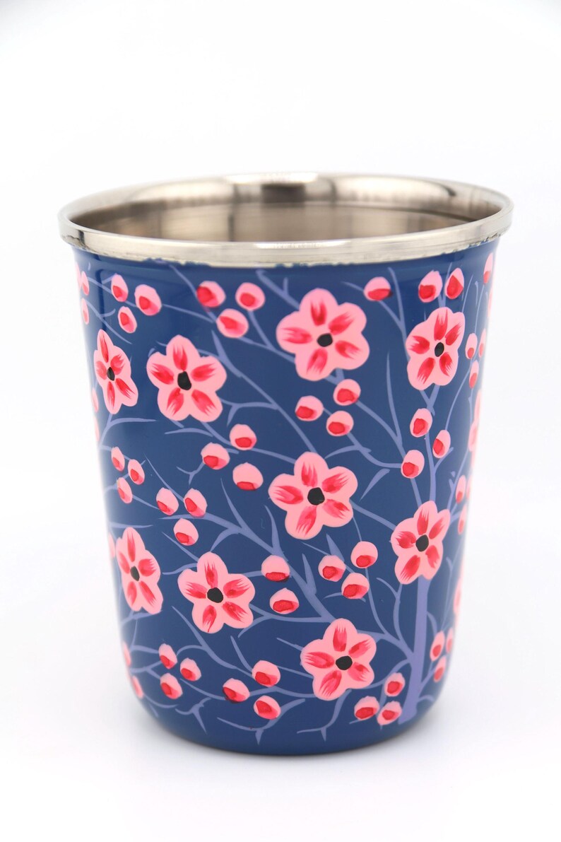 Vaso pequeño de acero inoxidable colorido, pintado a mano, de Cachemira. Regalo de inauguración de la casa, artículos para beber. Cherry